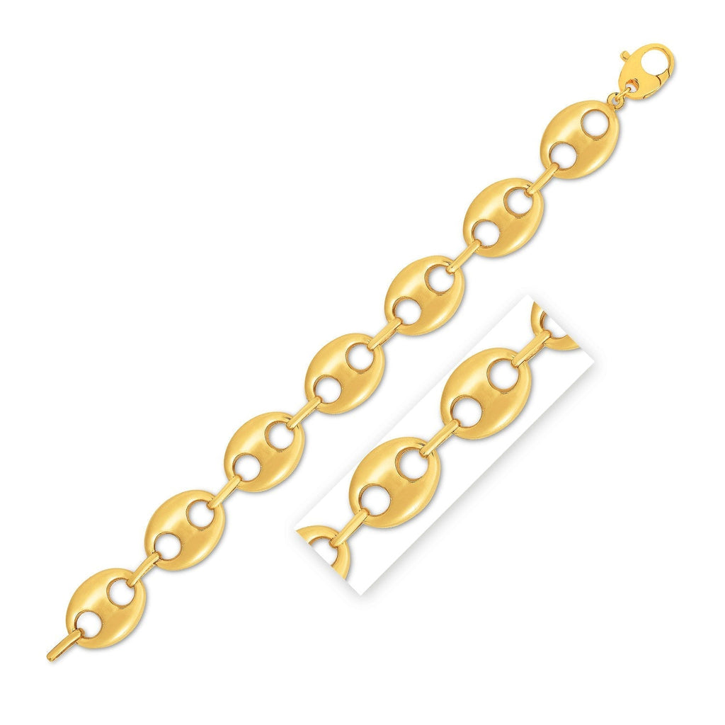 14k yellow gold high polish Lite Puffed Mariner Link bracelet, 21mm wide, showcasing a sleek, shiny design.