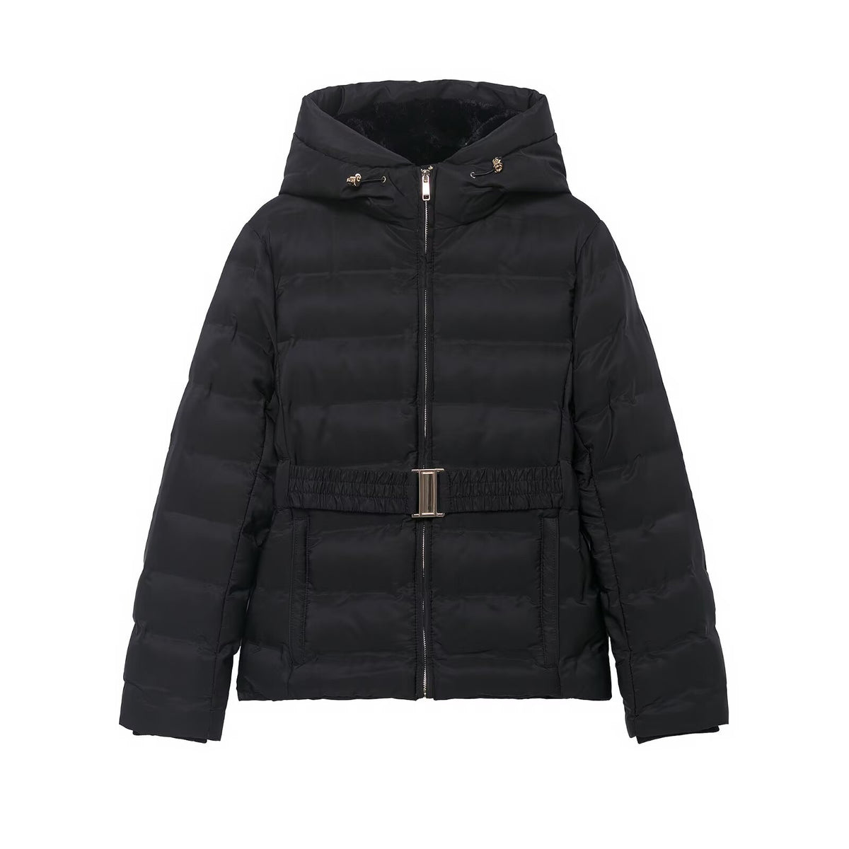 Black puffer jacket with a hood, elastic waist belt, zip-up front, and smooth nylon fabric.