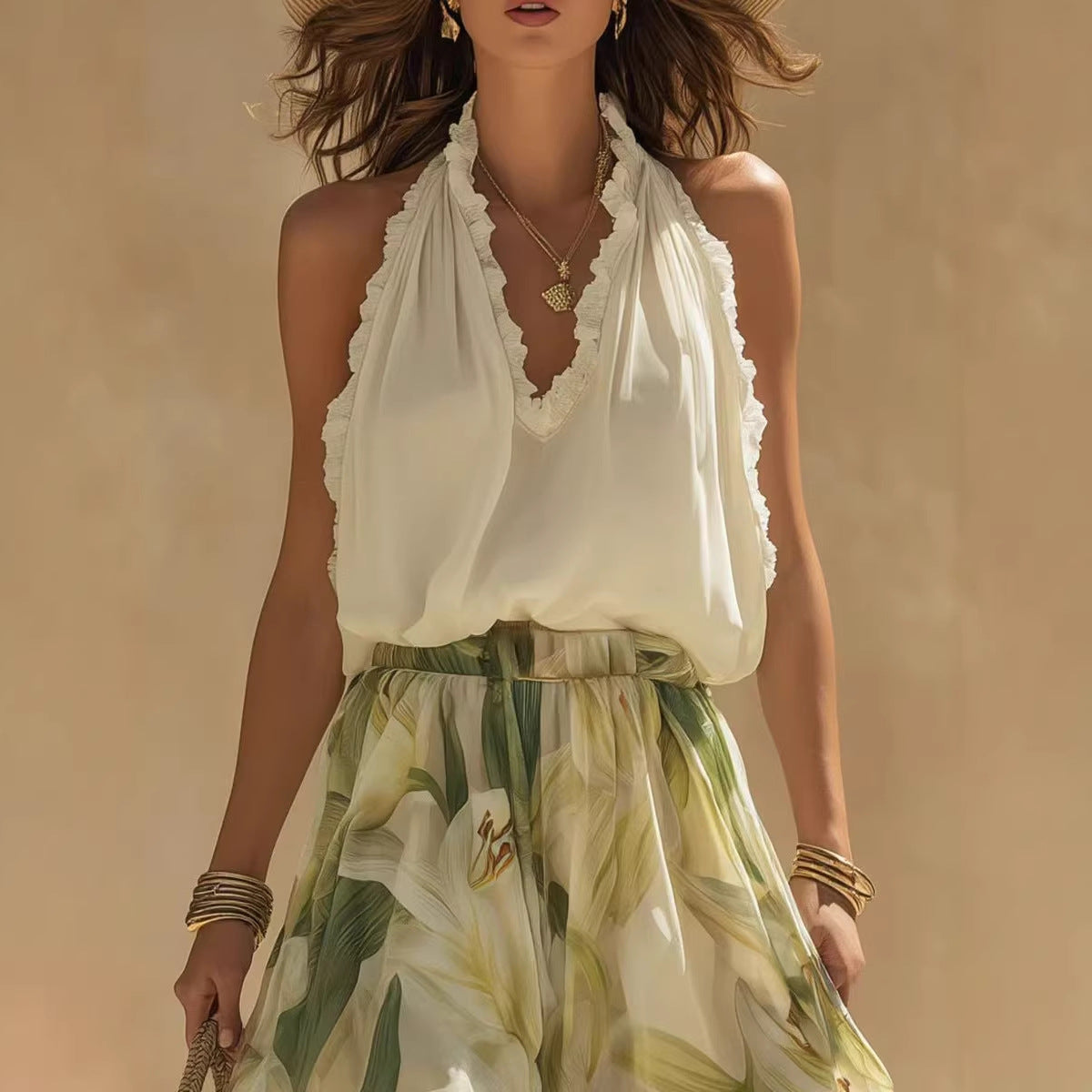 Elegant spring V-neck fitted dress with ruffles by eprolo, featuring a stylish design perfect for special occasions.