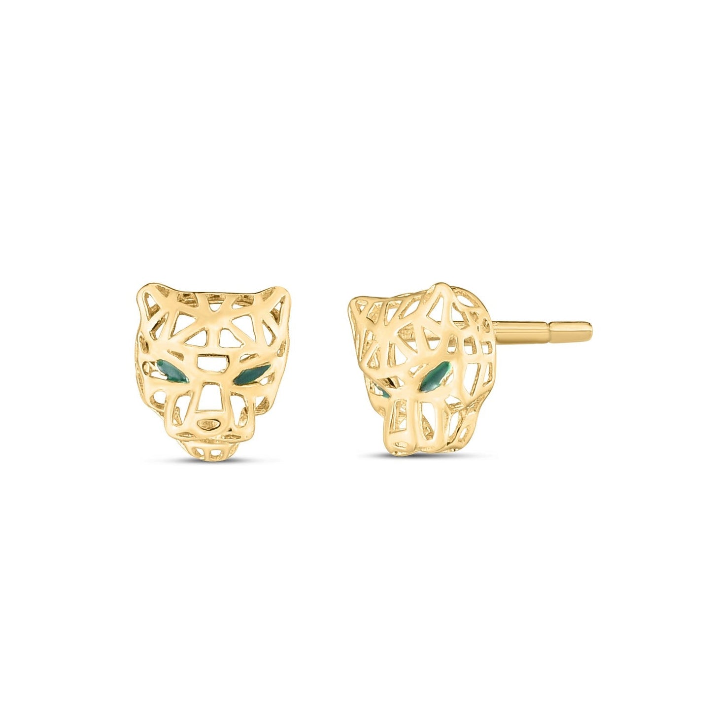 14k yellow gold Panther Head stud earrings featuring detailed animal design, crafted by Plush Fashion Hub.