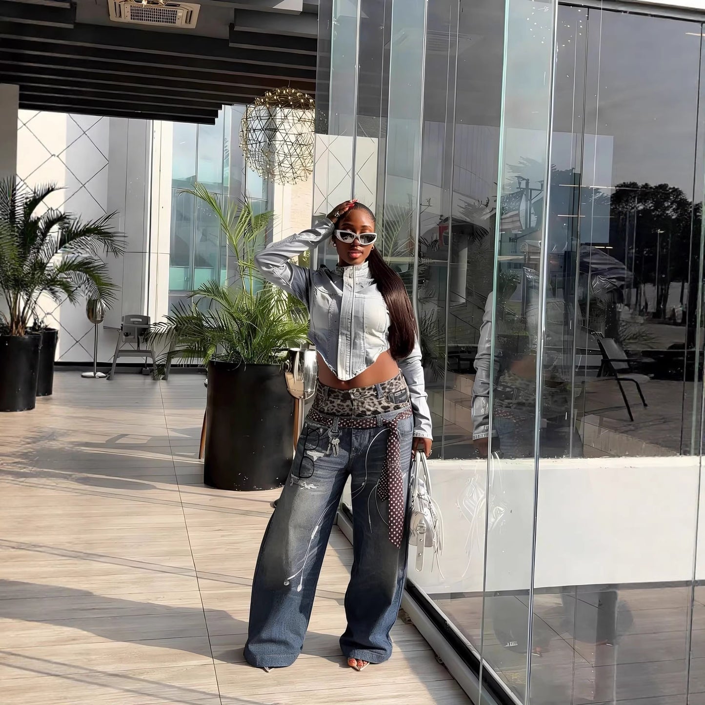 Leopard print denim jeans with double waistband from Plush Fashion Hub featuring street style 3D printed design.