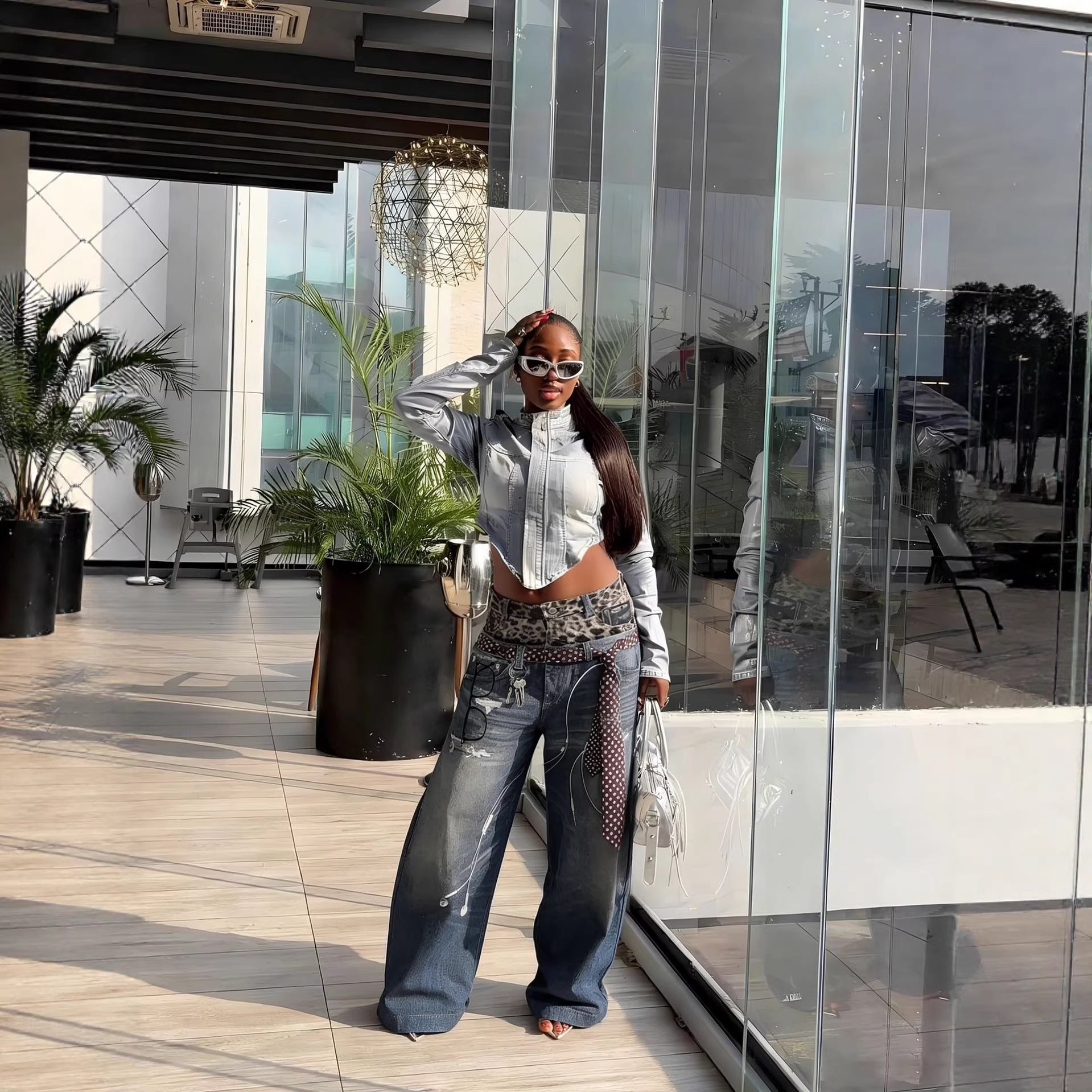 Street Style Fun Leopard Print 3D Printed Denim Pants with Double Waistband