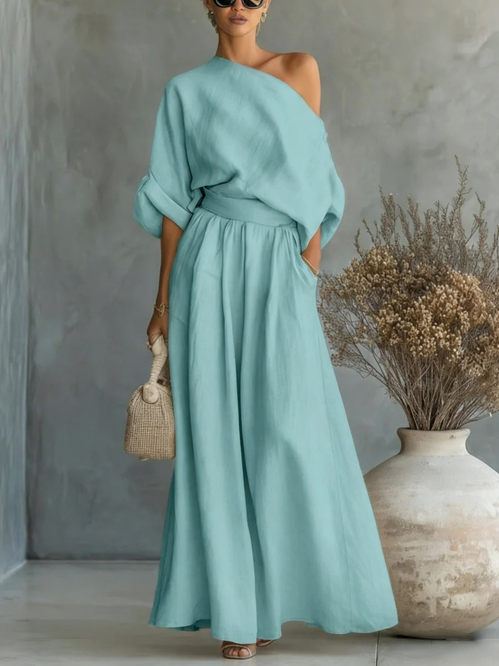 Elegant Fitted Asymmetrical Shoulder Top and Pants Two-Piece Set