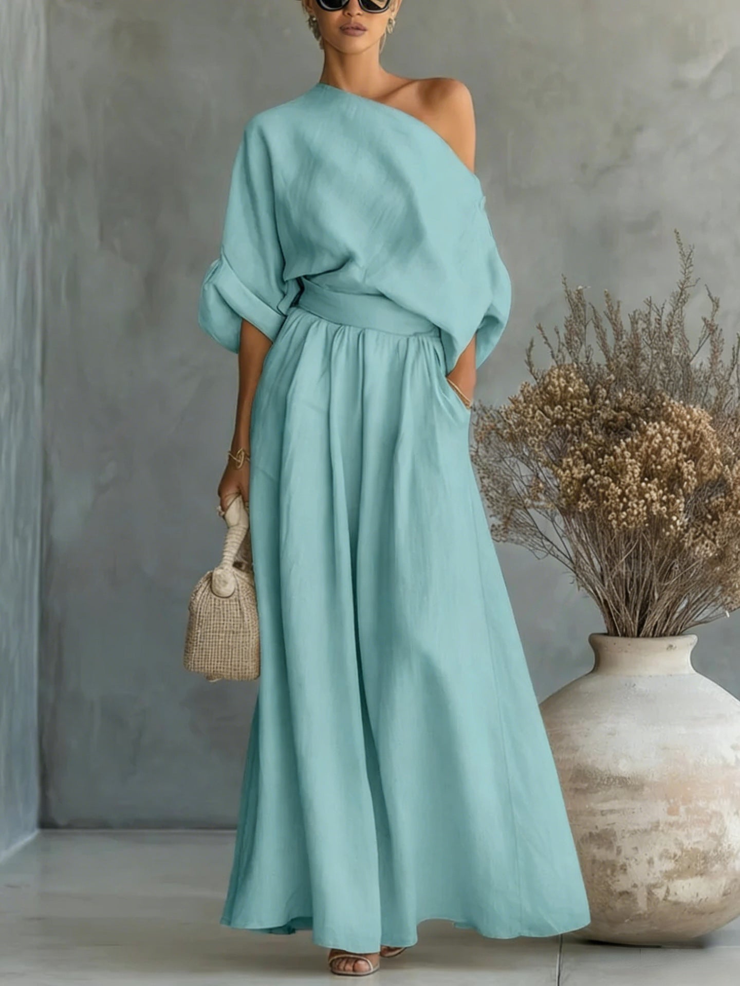 Elegant Fitted Asymmetrical Shoulder Top and Pants Two-Piece Set