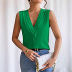 Women's Layered V-Neck Surplice Tank Top – Sleeveless Pleated Wrap-Front Solid Color