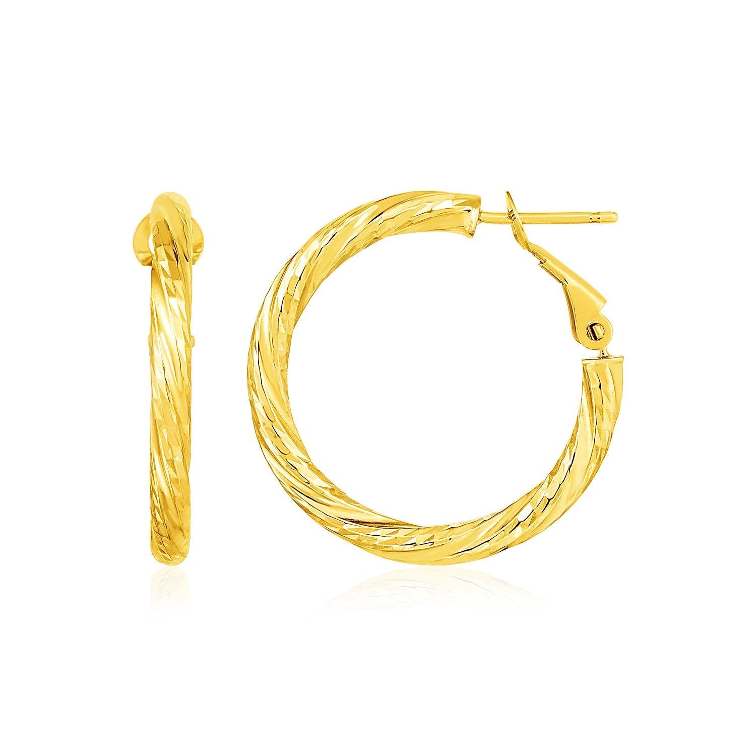 14k yellow gold petite twisted round hoop earrings, stylish jewelry accessory with a polished finish.