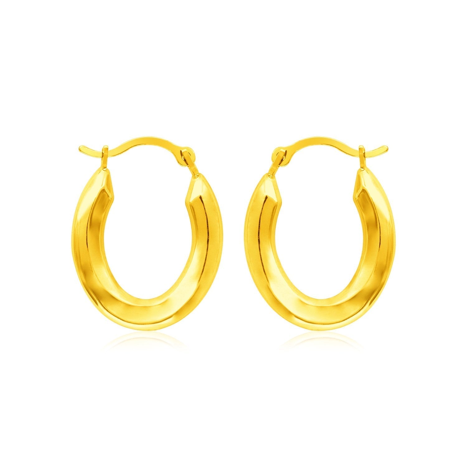 Polished 14k yellow gold oval hoop earrings with a smooth finish, crafted for elegant wear.