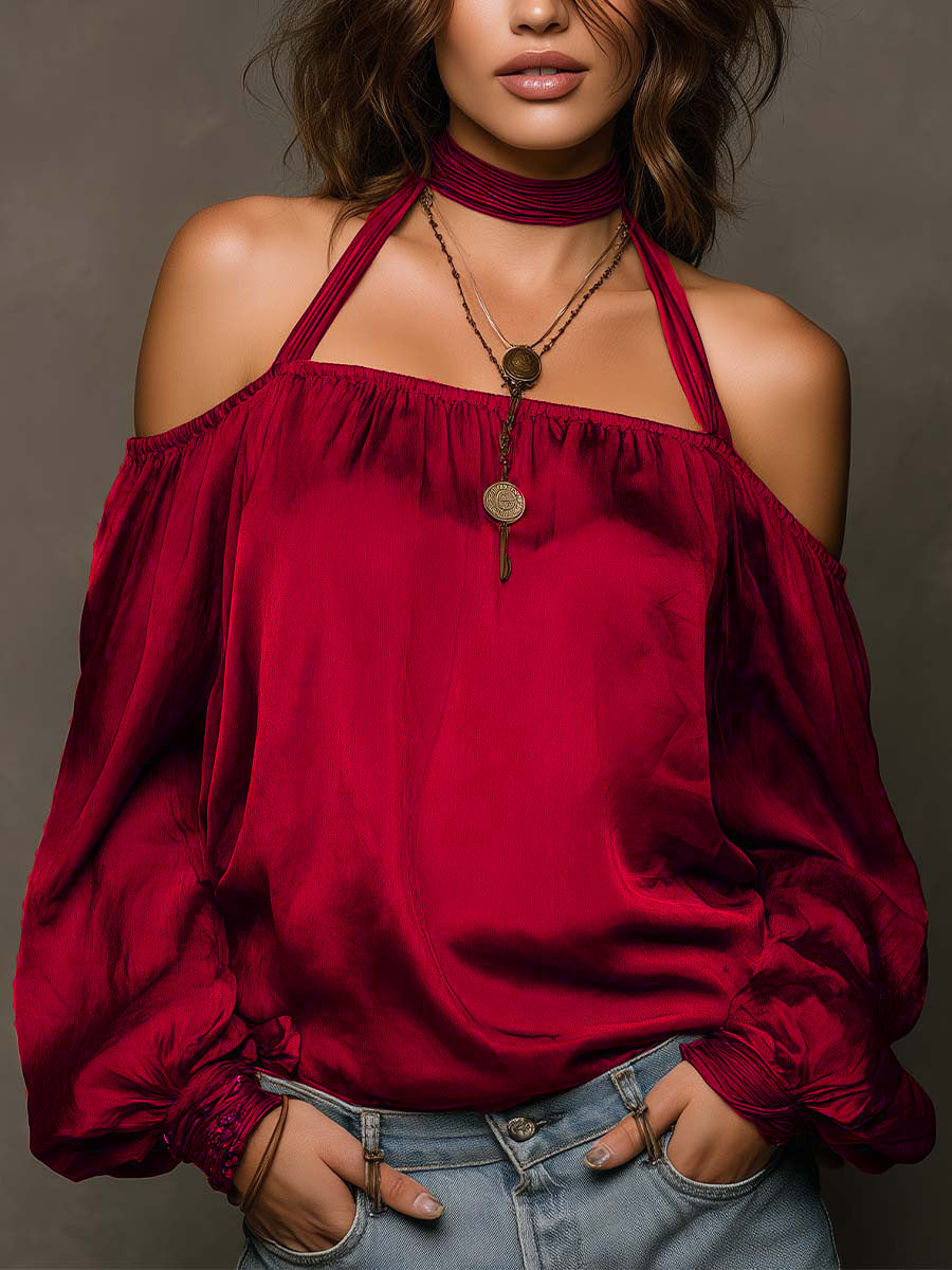 Women’s satin halter neck blouse with long sleeves, shoulder-baring design in five colors by Plush Fashion Hub.