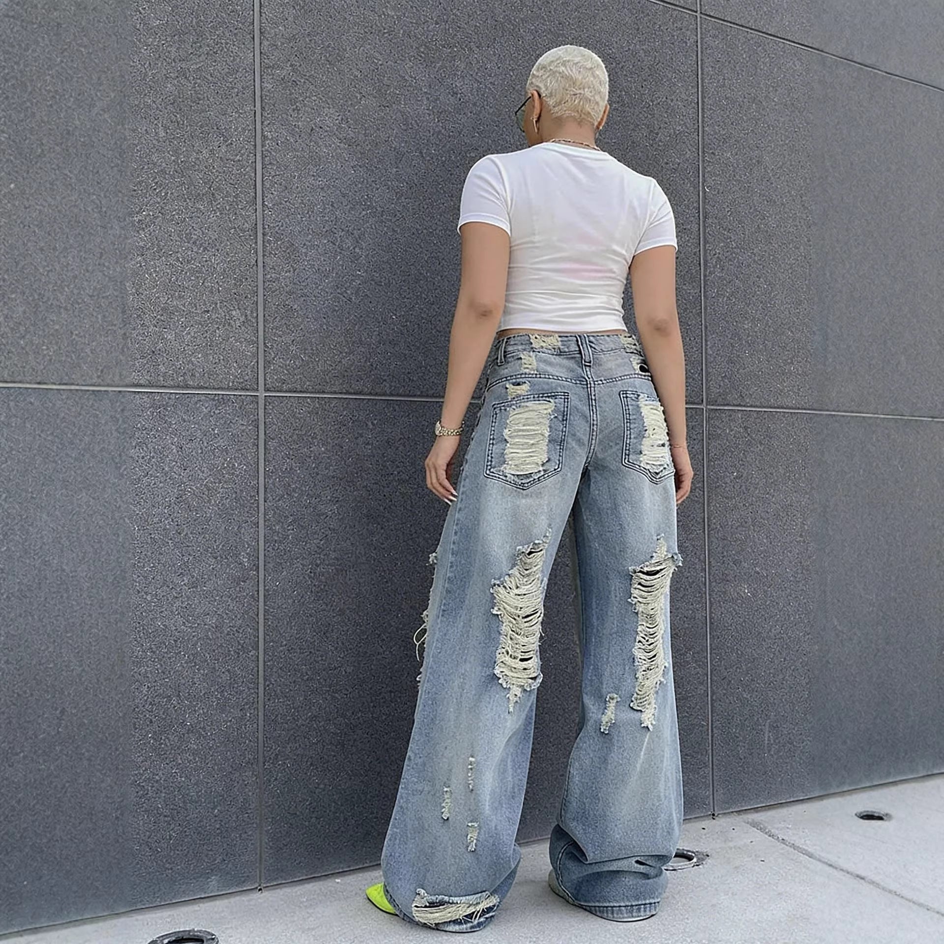 Washed Straight Leg Ripped Jeans