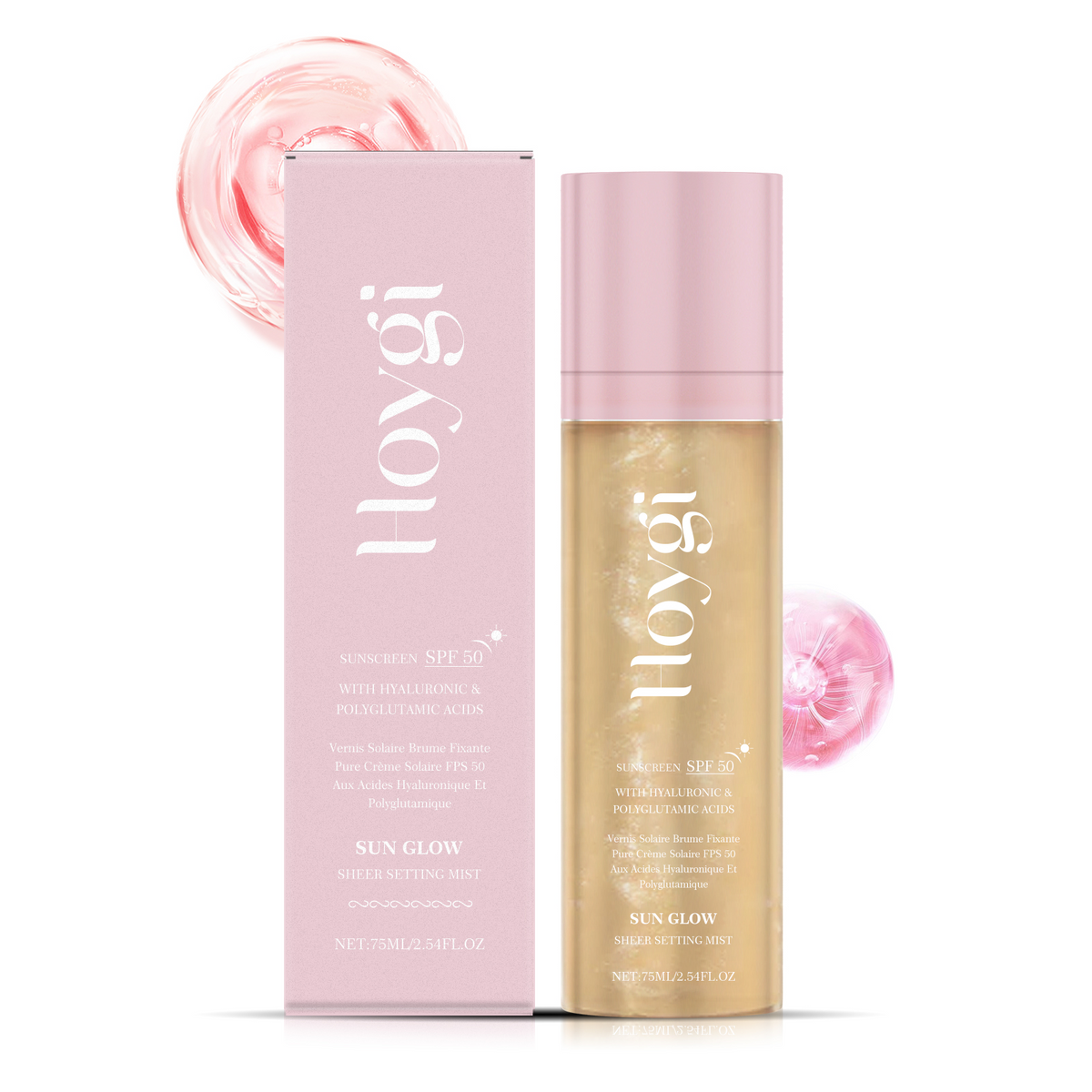 Hoygi Sun Glow setting mist bottle with pink cap and matching pink box, both labeled SPF 50.