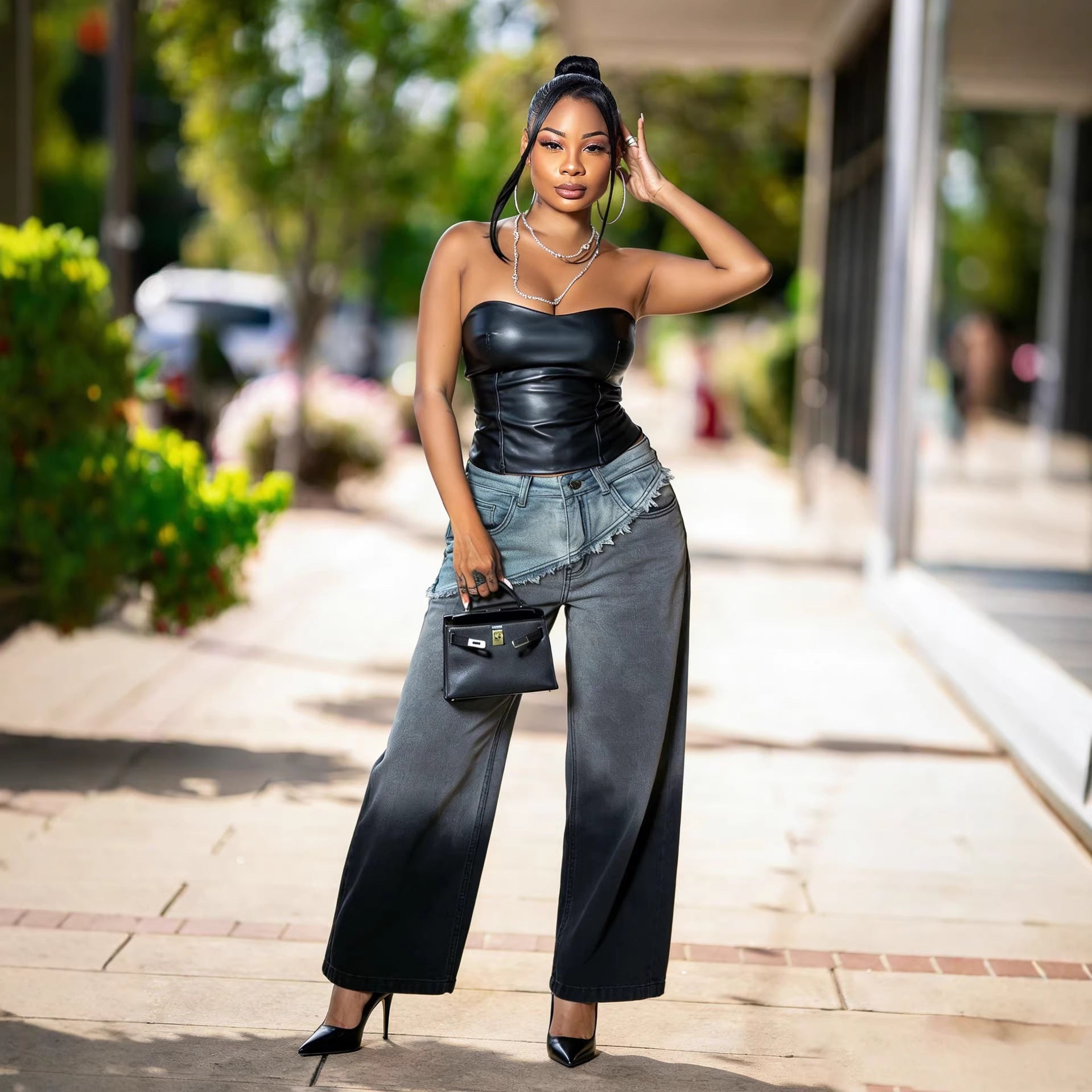 Street Style Gradient Patchwork Frayed Jeans