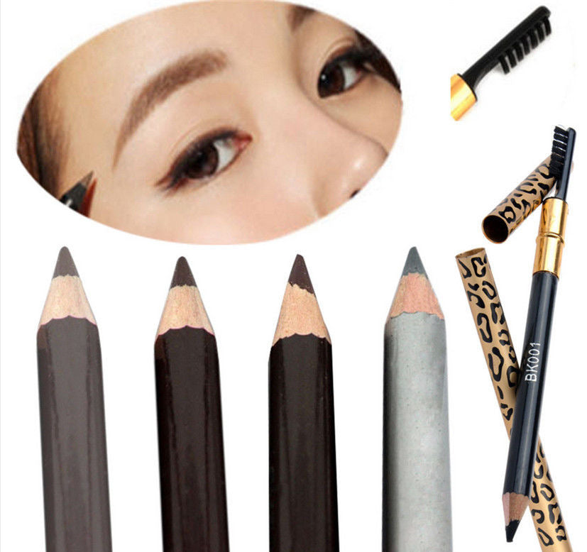 Four wooden eyebrow pencils in grey and brown shades, with leopard print caps and a built-in brush.