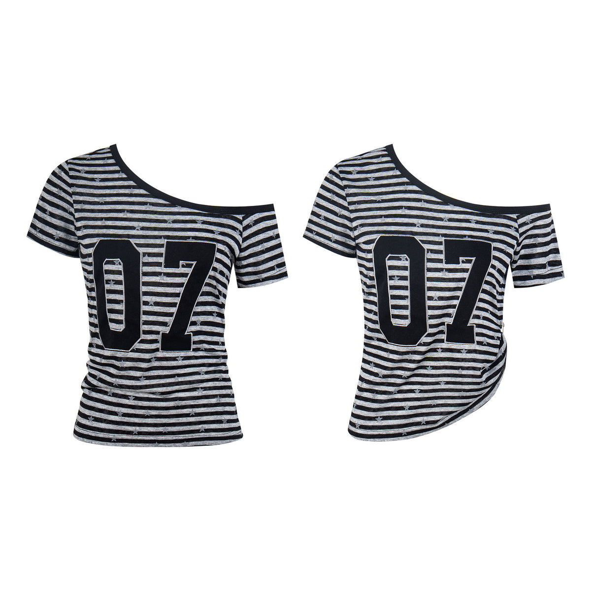 eprolo striped star asymmetrical off-shoulder crop top with single shoulder design, slim fit, and unique star pattern.