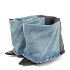 Eprolo denim color block pointed toe heeled boots showcasing stylish design and contrasting fabric panels with stiletto heels.
