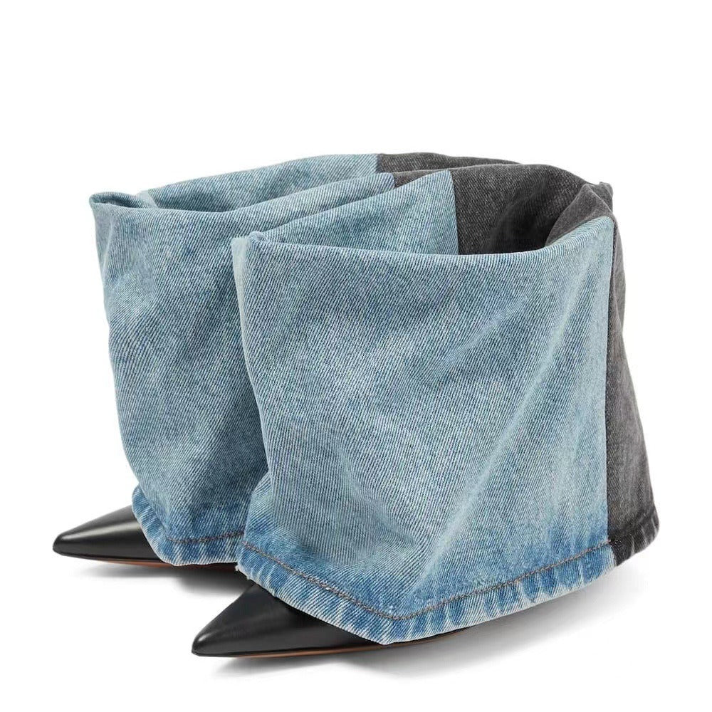 Plush Fashion Hub denim color block pointed toe heeled boots with stylish design and sleek silhouette.