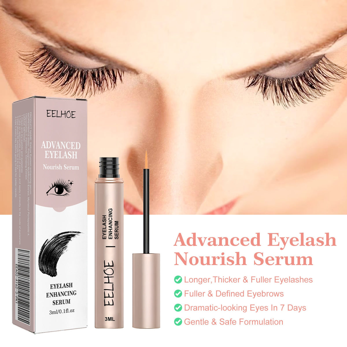 Eelhoe Advanced Eyelash Nourish Serum in a light pink metallic tube and matching box against a blurred face backdrop.