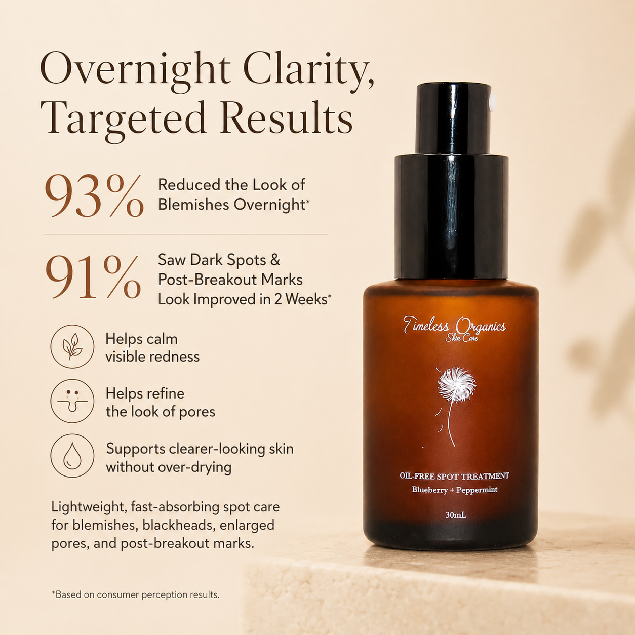 Oil-free spot treatment serum from Plush Fashion Hub, showing clear packaging with applicator and serum inside.