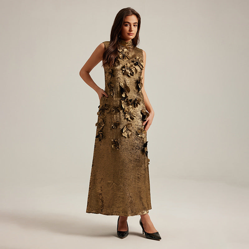 Three-dimensional floral sleeveless A-line dress in casualwear style by Plush Fashion Hub, featuring vibrant floral details and a flowing silhouette.