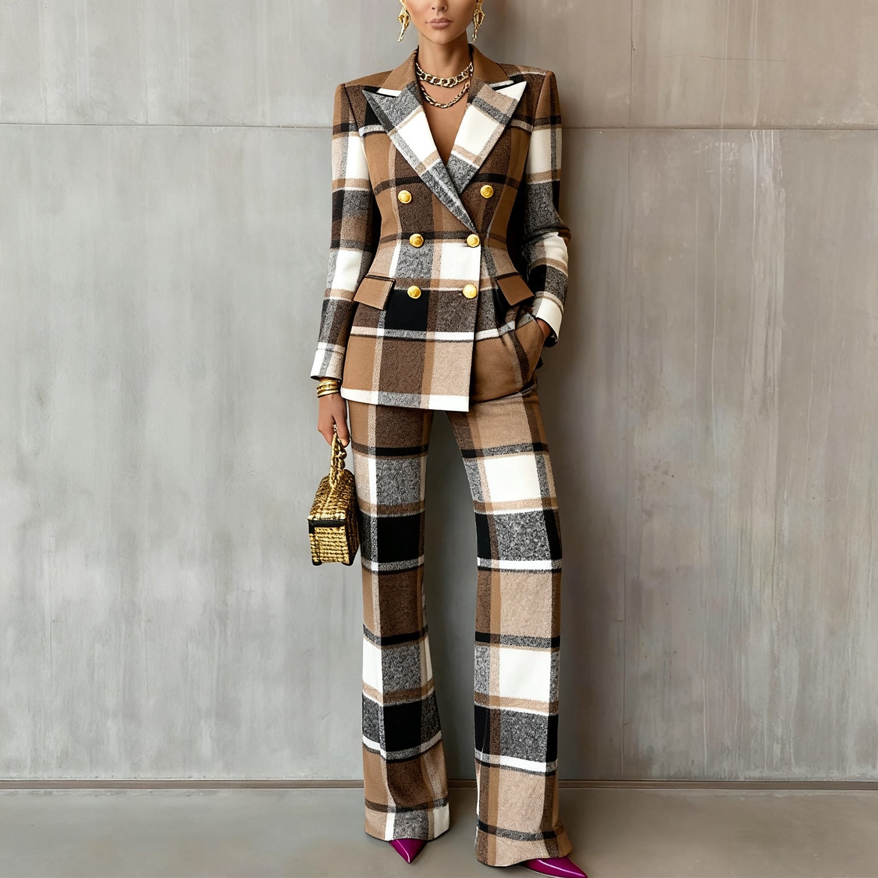 City Chic Checkered Long-Sleeve Slim Fit Set