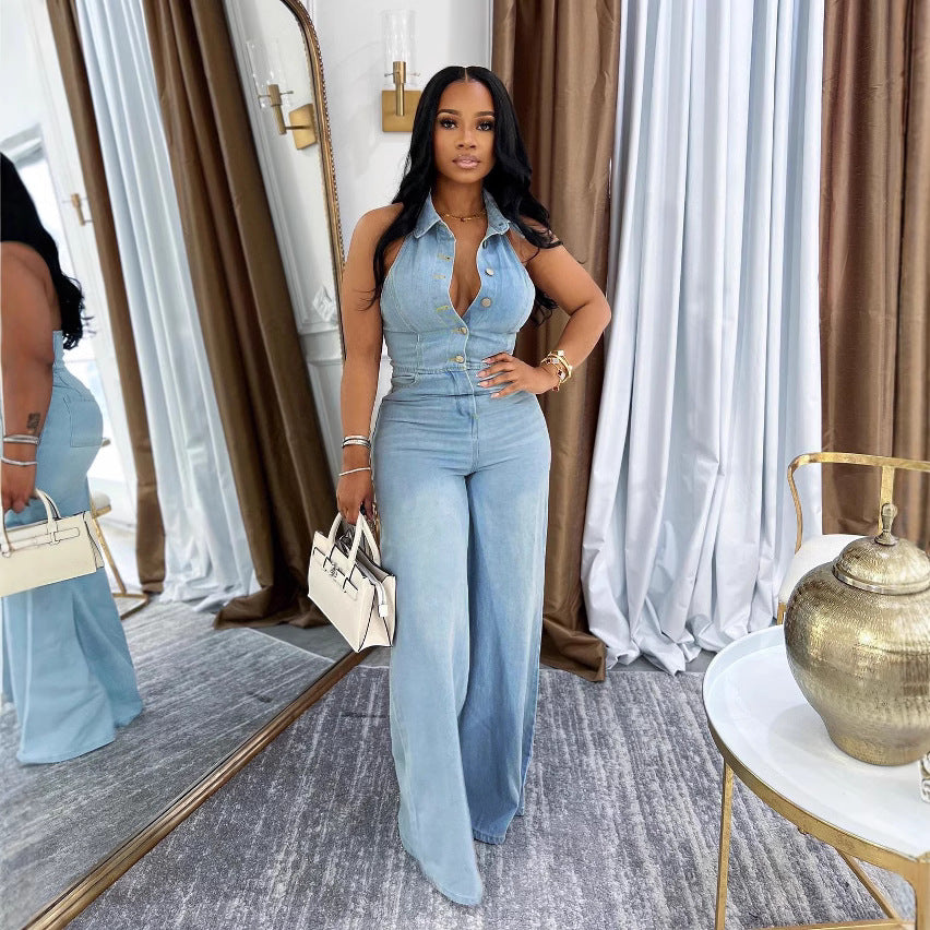 Women’s strapless backless washed denim jumpsuit by Plush Fashion Hub, showing the stylish sleeveless design and fitted silhouette.