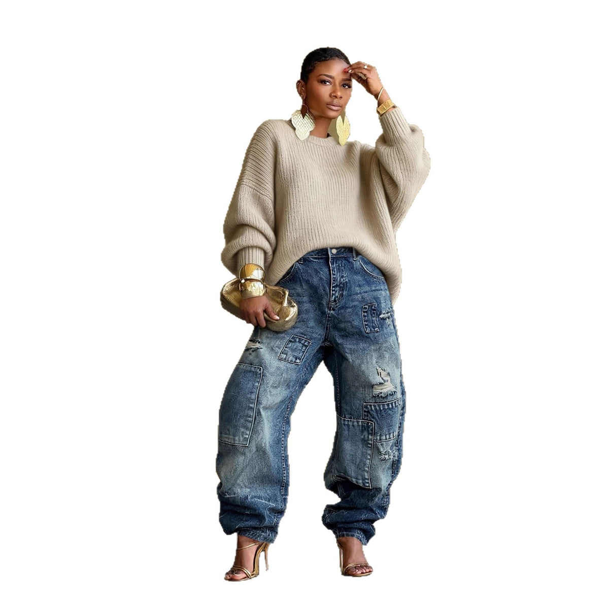 Men's washed denim jeans by Plush Fashion Hub featuring straight leg fit, ripped details, patchwork design, and casual streetwear style.
