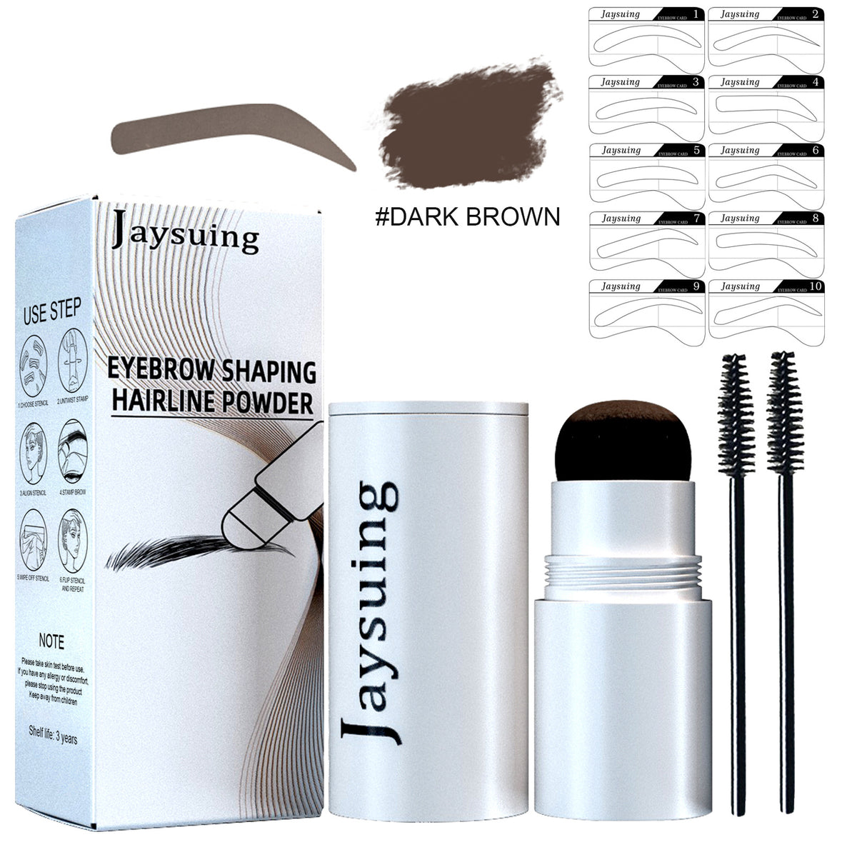 Dark brown eyebrow shaping powder kit with white box, round stamp applicator, two spoolie brushes, and ten stencils.