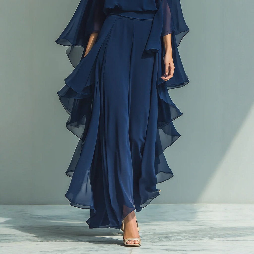 Deep Blue ruffle wide-leg pants set by FitiqueFit featuring batwing sleeves, elegant two-piece outfit for women.