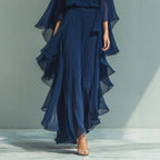 Deep Blue ruffle wide-leg pants set by FitiqueFit featuring batwing sleeves, elegant two-piece outfit for women.
