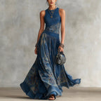 Women's Navy Blue Artistic Print Sleeveless Fitted Bodice Swing Maxi Dress