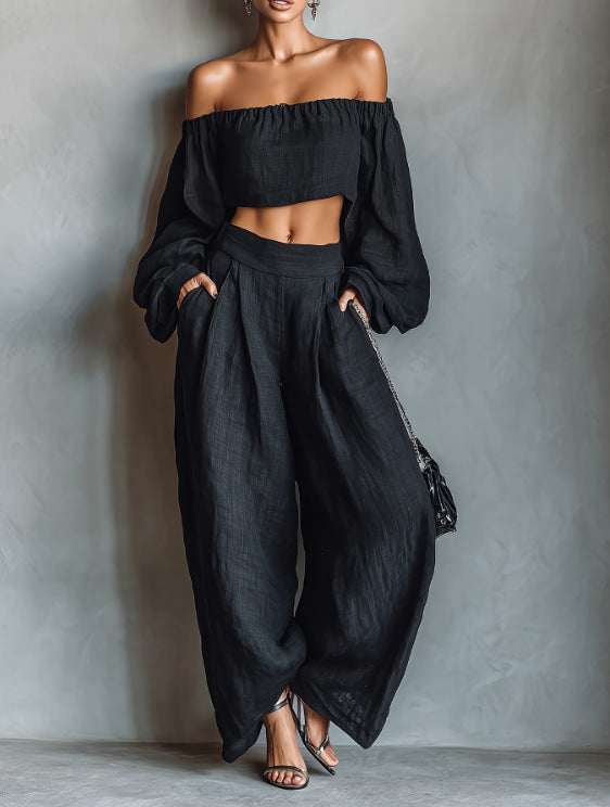 Relaxed wide-leg pants set from Plush Fashion Hub, featuring comfortable, flowy trousers with a stylish relaxed fit.