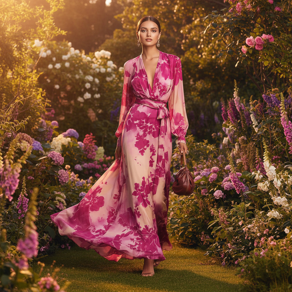 Women's floral printed chiffon maxi dress with long sleeves, V-neck, and tie-up waist by FitiqueFit.