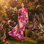 Women's floral printed chiffon maxi dress with long sleeves, V-neck, and tie-up waist by FitiqueFit.