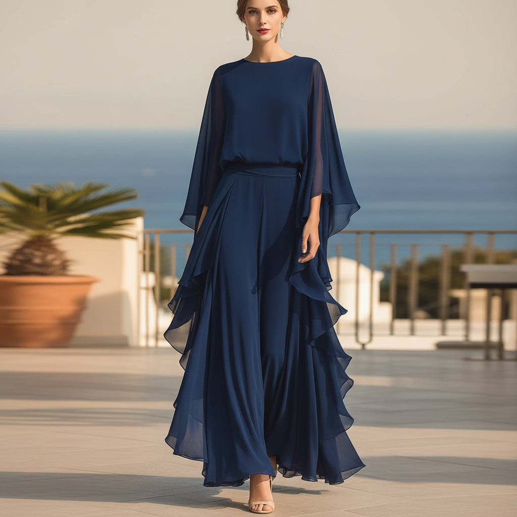 Deep Blue ruffle wide-leg pants set by FitiqueFit featuring a two-piece design with batwing sleeves, elegant and stylish for women.