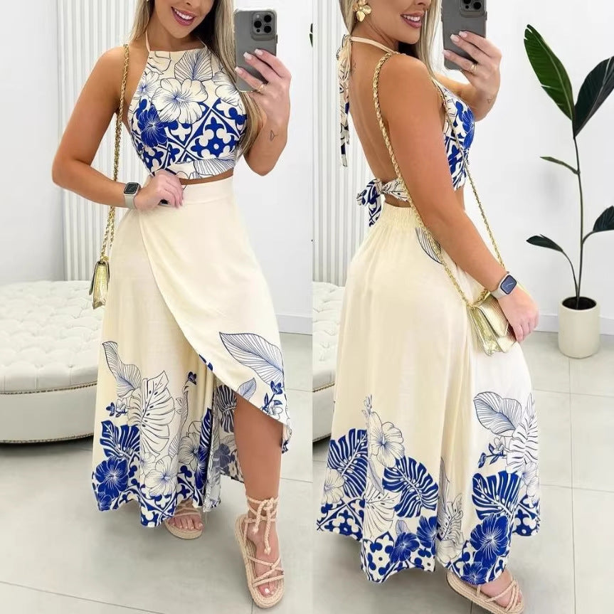 Backless hanging neck long skirt two-piece set by Plush Fashion Hub, featuring a stylish design and flowing fabric.