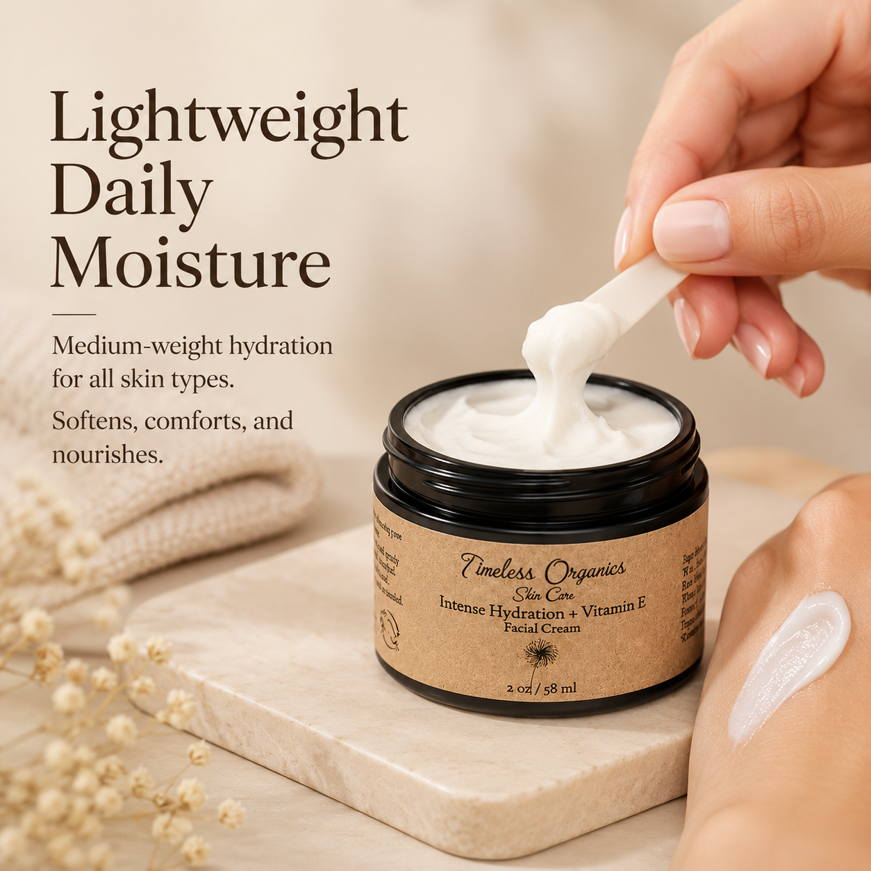 Timeless Organics Skin Care Intense Hydration Vitamin E Facial Cream jar with white lid and creamy texture.