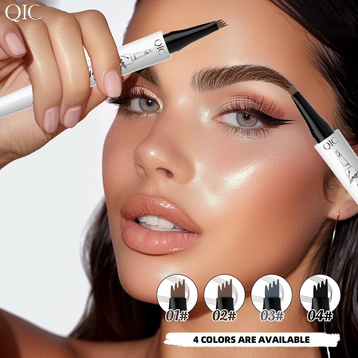 Model holding two white eyebrow pens with black four-tip brushes, demonstrating application on her defined eyebrows.