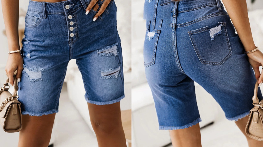 Women’s cotton denim shorts with frayed hem, mid-length, distressed style, from Plush Fashion Hub, shown laid flat.