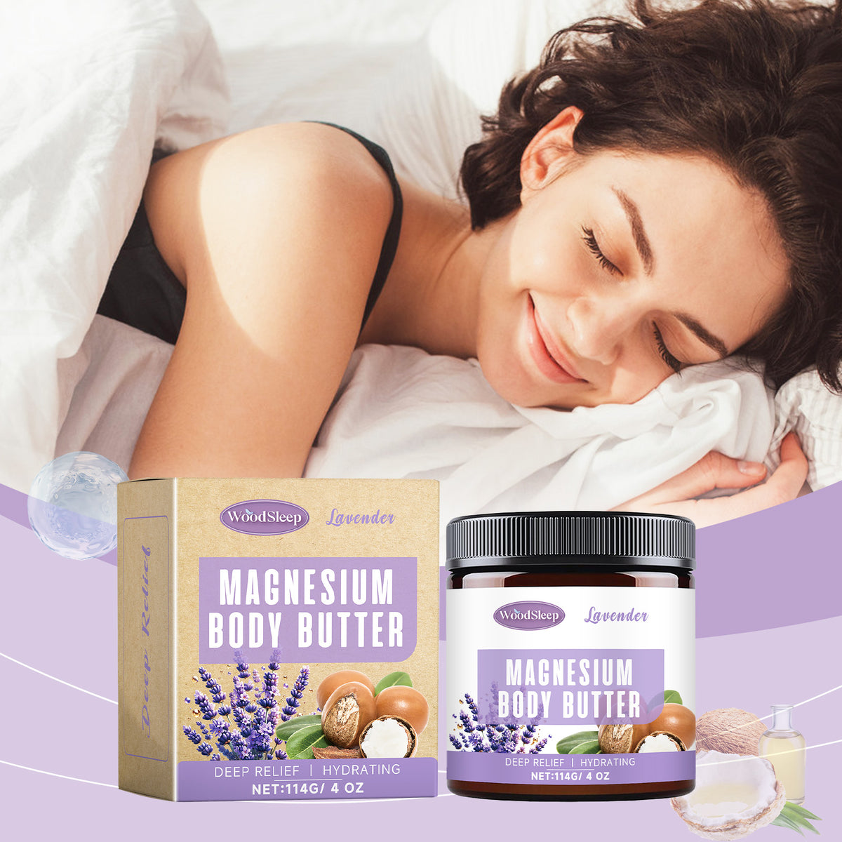WoodSleep Magnesium Body Butter in a brown jar and box with purple lavender and shea butter graphics.