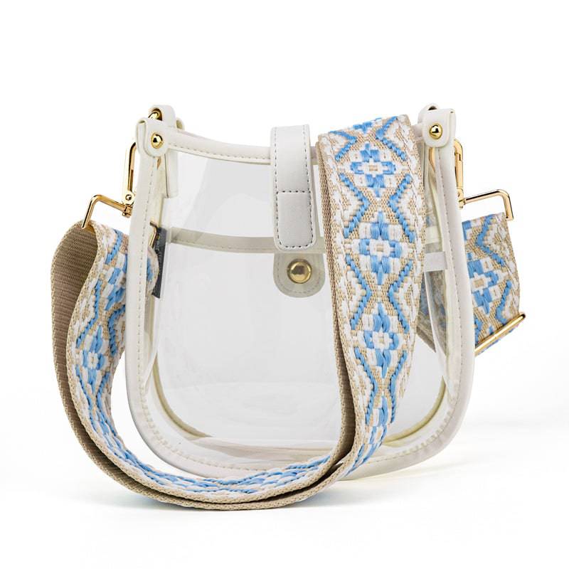 Compact clear courier bag by Threaded Pear with adjustable strap, transparent design, perfect for versatile, stylish carrying.