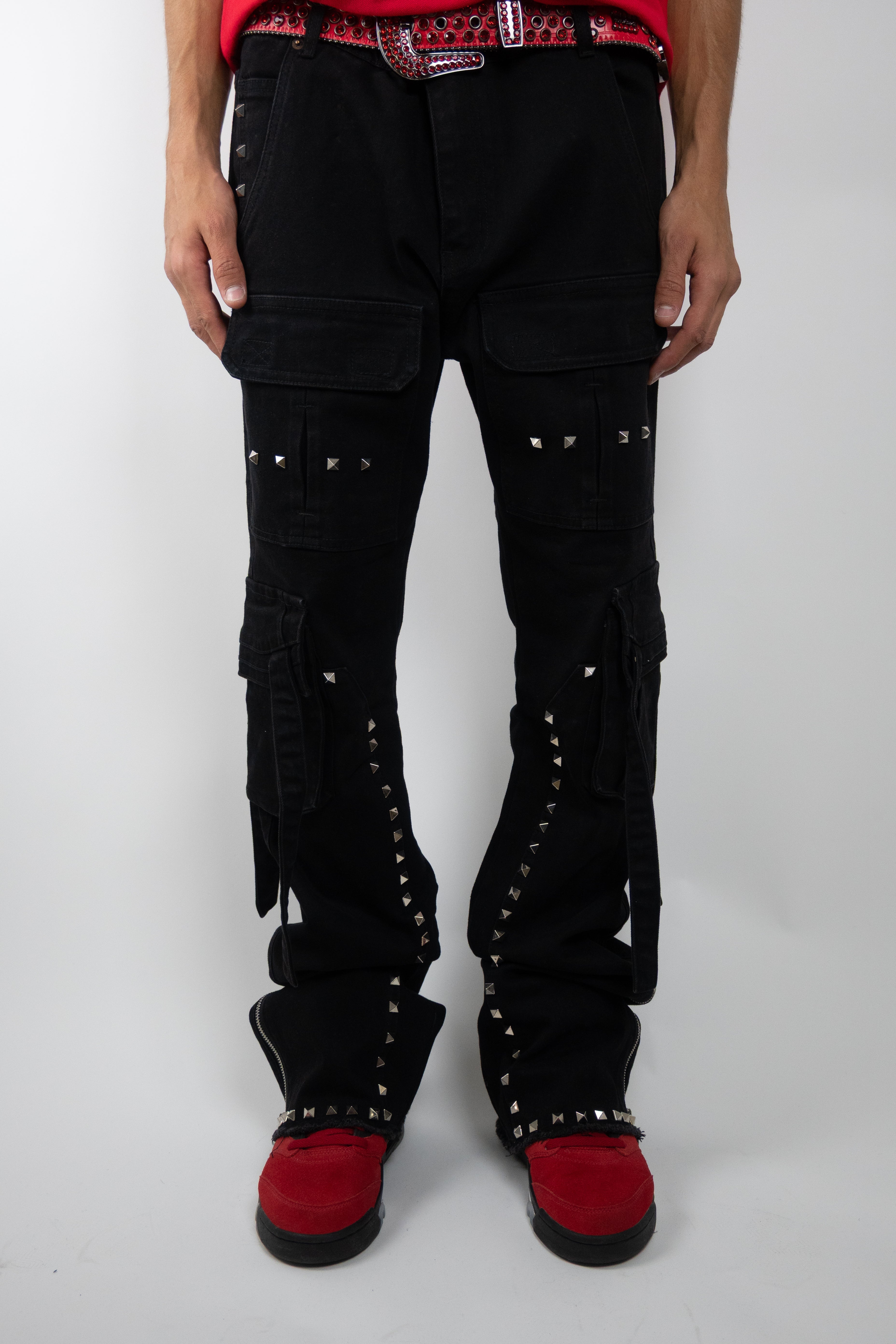 ARMOR JEANS RM206SK studded stacked cargo jeans, showcasing distressed denim with studded details and a relaxed fit.