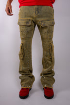 ARMOR JEANS RM206SK studded stacked cargo jeans with multiple pockets and studded details, displayed on a hanger.