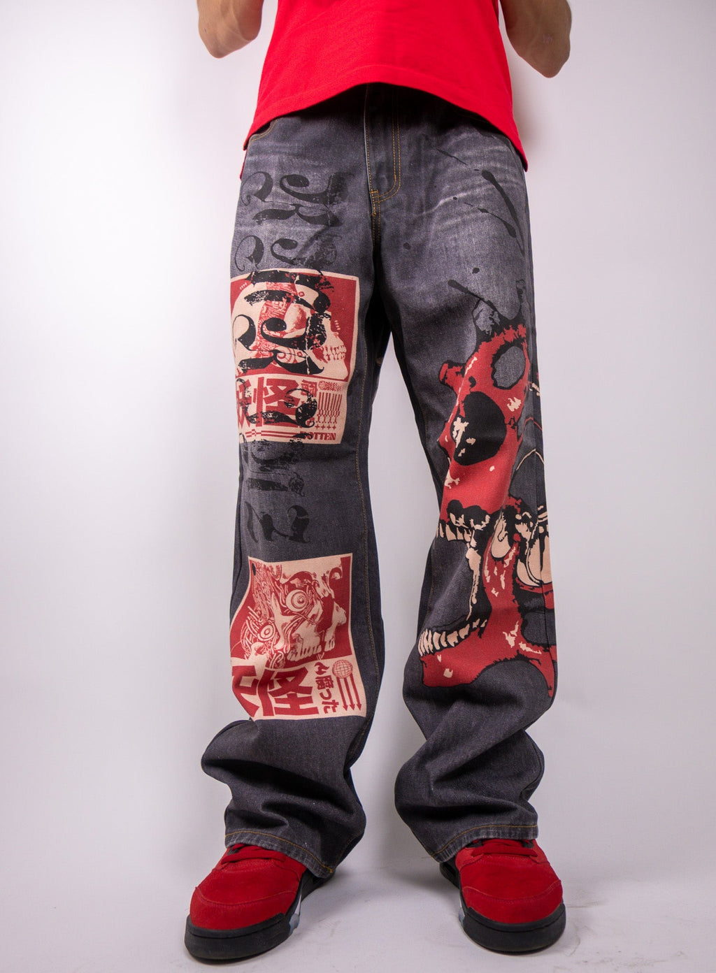 ARMOR JEANS RM200B graphic printed baggy jeans with bold design, relaxed fit, and distressed detailing on denim.