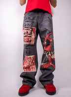 ARMOR JEANS RM200B graphic printed baggy jeans with bold design, relaxed fit, and distressed detailing on denim.