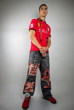 ARMOR JEANS RM200B graphic printed baggy jeans, showing relaxed fit with colorful graphic design on denim fabric.