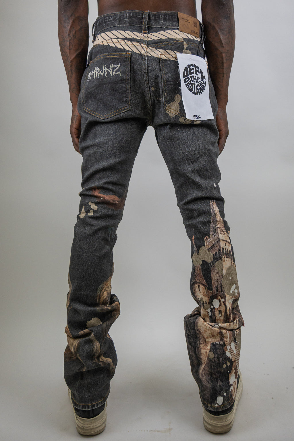 ARMOR JEANS RM203SK graphic printed stacked jeans showing detailed design and stacked leg style in a casual fit