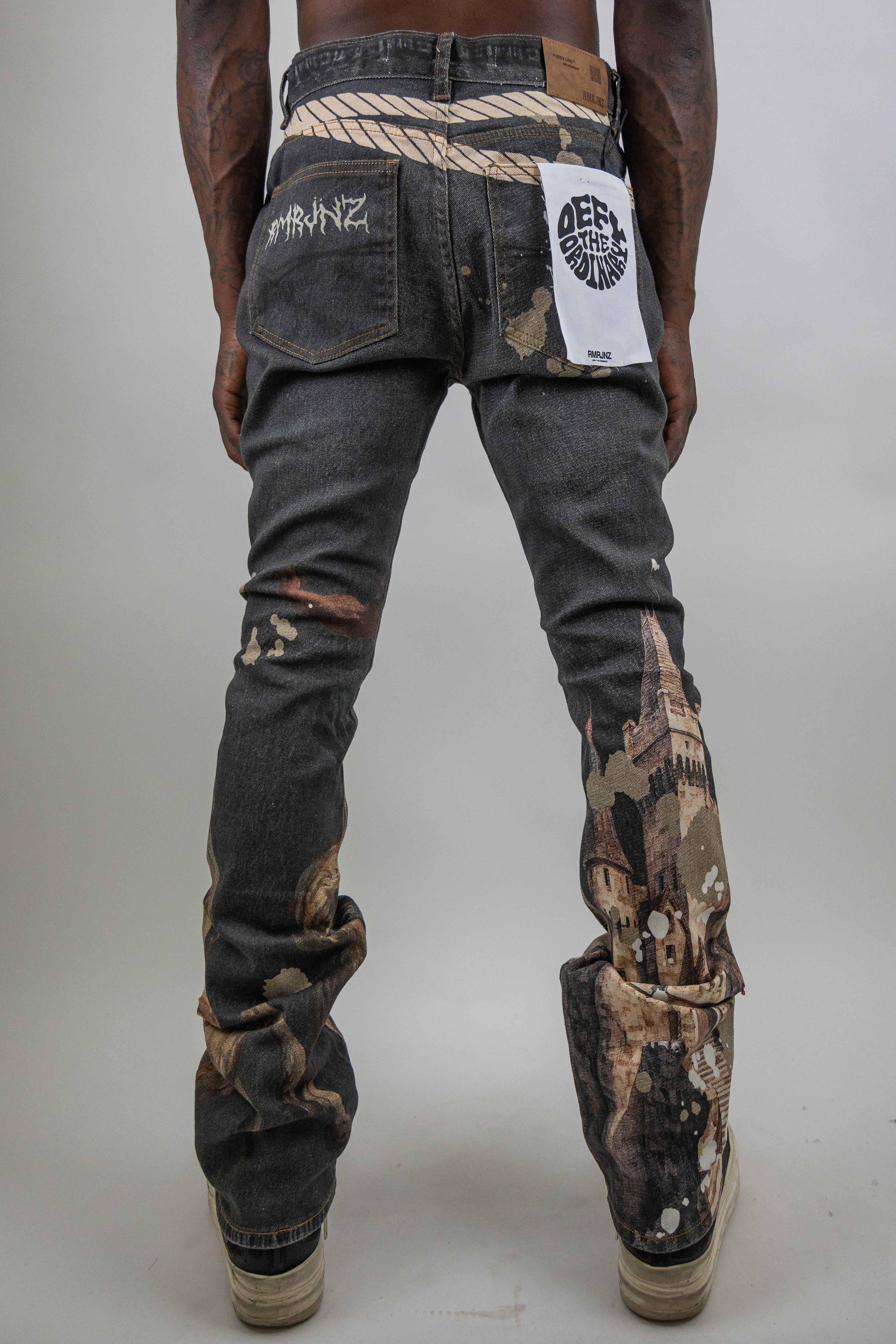 ARMOR JEANS RM203SK graphic printed stacked jeans showing detailed design and stacked leg style in a casual fit