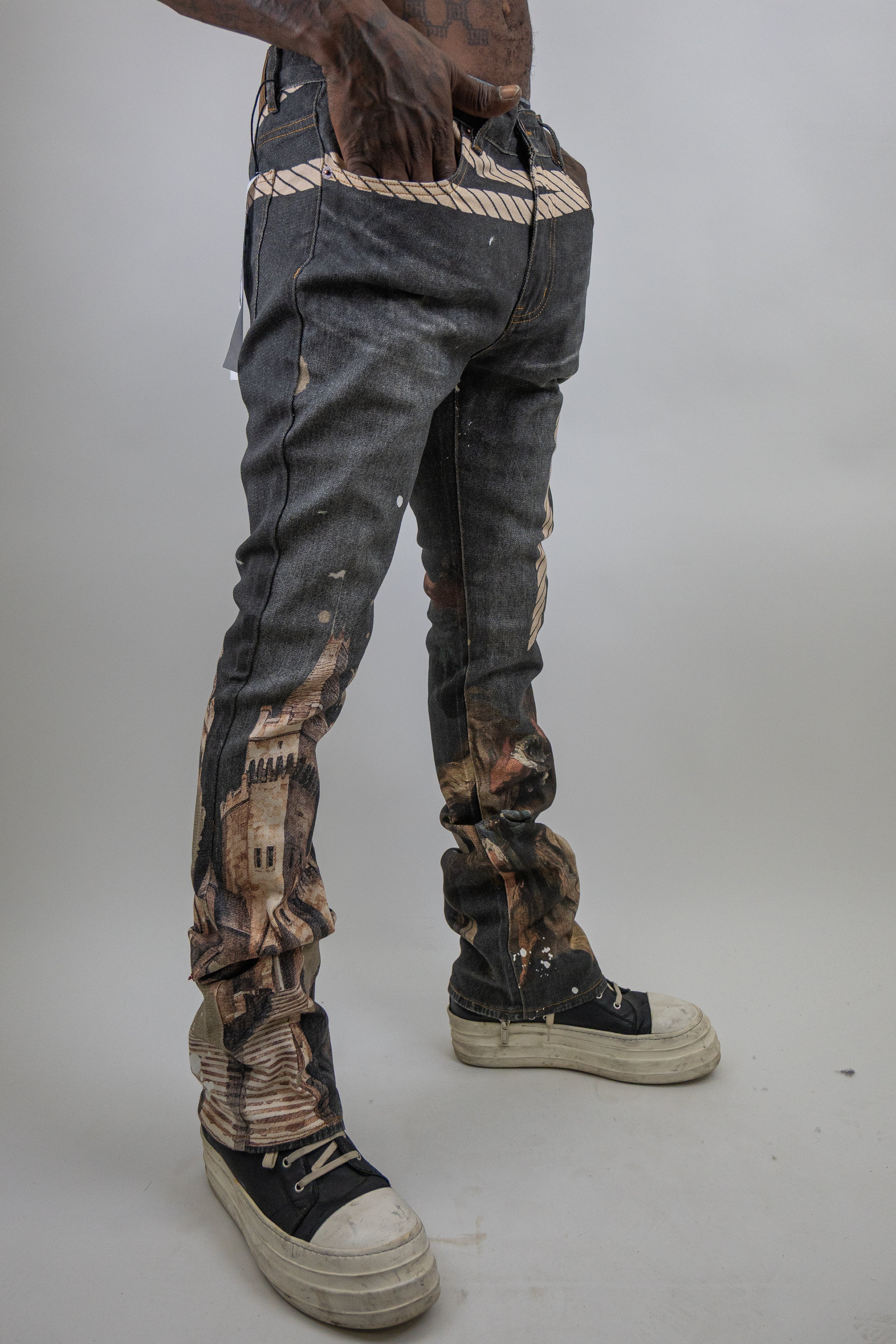 ARMOR JEANS RM203SK graphic printed stacked jeans with bold design, front view showing detailed pattern and stylish fit.