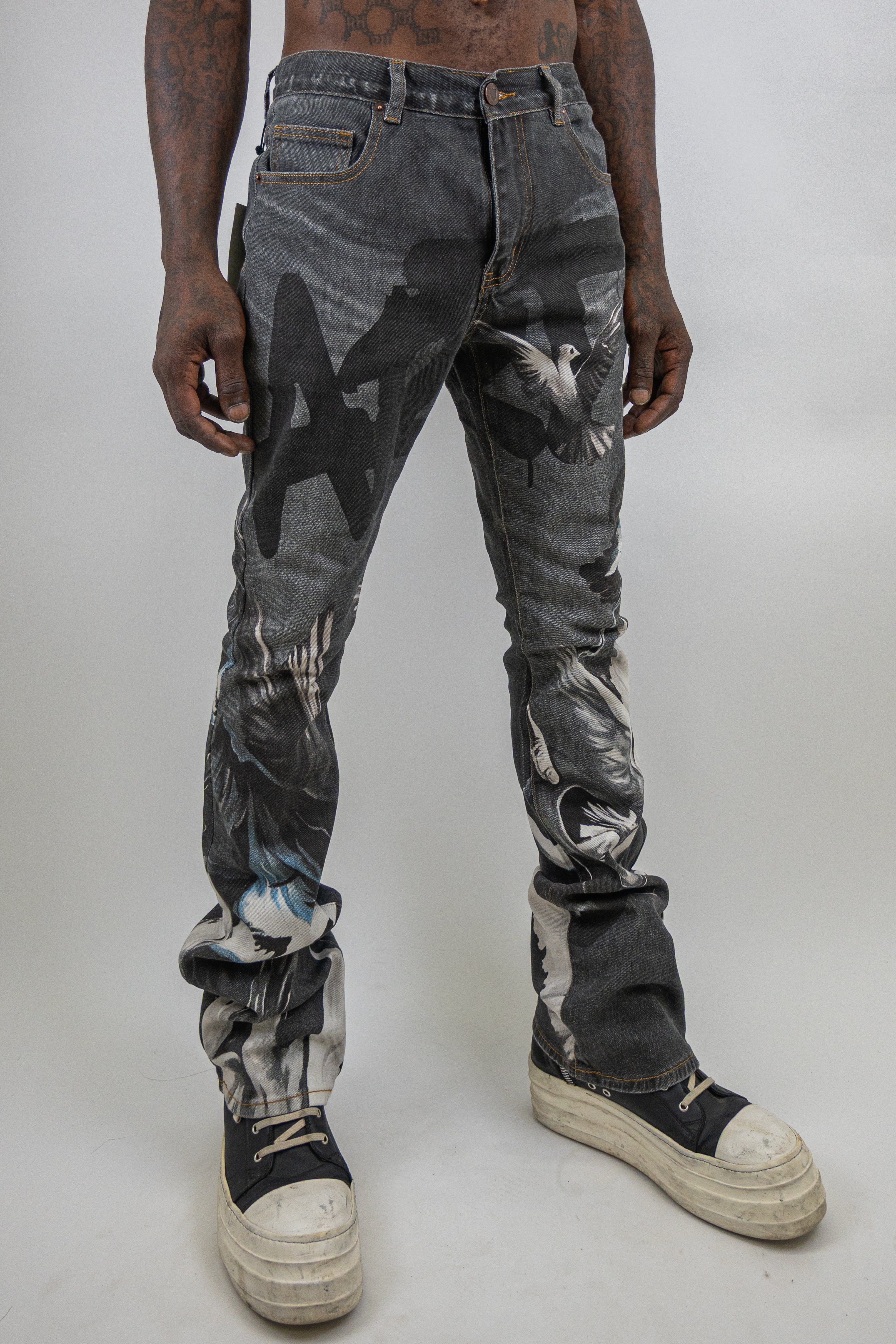 ARMOR JEANS RM204SK graphic printed stacked jeans showing bold graphic design and stacked style details.