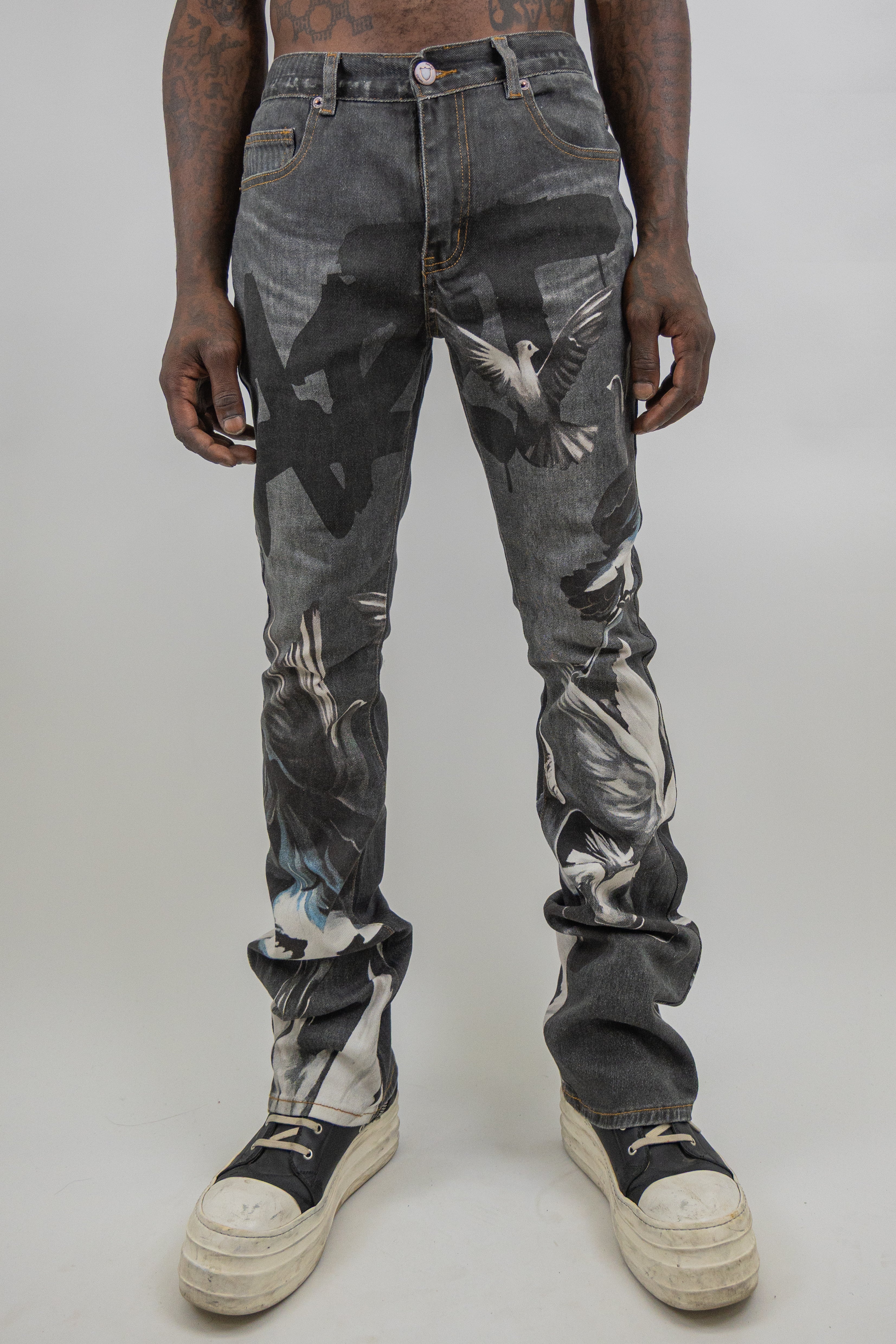 ARMOR JEANS RM204SK graphic printed stacked jeans showing distressed denim with bold graphic designs and layered style.