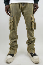 ARMOR JEANS studded stacked cargo jeans with multiple pockets and distressed details, displayed on a hanger.